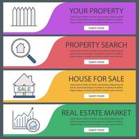 Real estate market web banner templates set. Fence, property search, house for sale, market growth chart. Website color menu items. Vector headers design concepts