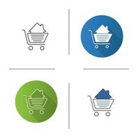 Shopping cart with house inside icon. Flat design, linear and color styles. Property purchase. Isolated vector illustrations