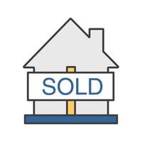 Sold house color icon. Real estate purchase. House with sold sign. Isolated vector illustration
