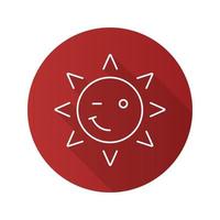 Winking sun smile flat linear long shadow icon. Emoticon. Happy and funny sun face. Vector outline symbol