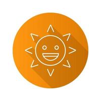 riendo sol sonrisa icono de sombra plana lineal larga. buen humor. cara de sol feliz con sonrisa. Hora de verano. símbolo de contorno de vector de emoticon