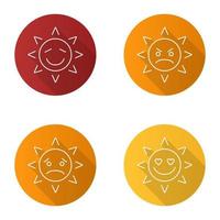 Sun smiles flat linear long shadow icons set. Good and bad mood. Happy, sad, angry, in love sun smiles. Vector outline illustration