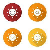 Sun smiles flat design long shadow glyph icons set. Good and bad mood. Happy, sad, angry, in love sun smiles. Vector silhouette illustration