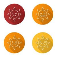 Sun smiles flat linear long shadow icons set. Sad, teary, dead, laughing sun smiles. Good and bad mood. Vector outline illustration