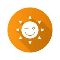 Winking sun smile flat design long shadow glyph icon. Good mood. Happy and funny sun face. Vector silhouette illustration