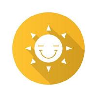 Happy sun smile flat design long shadow glyph icon. Smiley with closed eyes. Good mood. Vector silhouette illustration