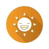 Laughing sun smile flat design long shadow glyph icon. Good mood. Happy sun face with broad smile and closed eyes. Vector silhouette illustration