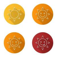 Sun smiles flat linear long shadow icons set. Smiling, yummy and winking sun smiles. Vector outline illustration