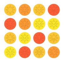 Sun smiles linear icons set. Emoticons. Feelings, emotions. Sun faces. Thin line outline symbols on color circles. Vector illustrations