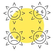 Sun smiles linear icons set. Thin line contour symbols. Good and bad mood. Happy, sad, angry, in love sun smiles. Isolated vector outline illustrations