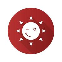 Winking sun smile flat design long shadow glyph icon. Happy and funny sun face. Vector silhouette illustration