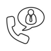 Phone talk with boss linear icon. Thin line illustration. Handset with businessman inside speech bubble. Contour symbol. Vector isolated outline drawing