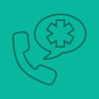 Emergency phone call to hospital linear icon. Handset with star of life inside speech bubble. Thin line outline symbols on color background. Vector illustration