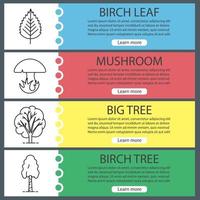 Forest web banner templates set. Birch tree and leaf, mushroom, big tree. Website color menu items with linear icons. Vector headers design concepts