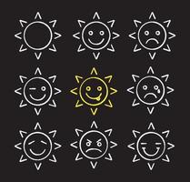 Sun smiles chalk icons set. Bad and good mood. Winking, smiling, crying, happy angry, yummy sad sun smiles. Isolated vector chalkboard illustrations