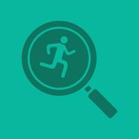 Running man inside loupe glyph color icon. Silhouette symbol. Magnifying glass with runner. Negative space. Vector isolated illustration