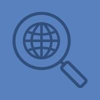 Network search linear icon. Magnifying glass with globe. Thick line outline symbols on color background. Vector illustration