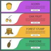 Forestry web banner templates set. Oak fruit, forest stump, pine cone. Website color menu items. Vector headers design concepts