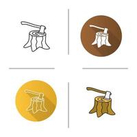 Deforestation icon. Flat design, linear and color styles. Stump with axe inside. Isolated vector illustrations