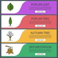 Trees web banner templates set. Stump with axe, poplar, tree and leaf. Website color menu items. Vector headers design concepts