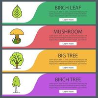 Forestry web banner templates set. Birch tree and leaf, mushroom, big tree. Website color menu items. Vector headers design concepts