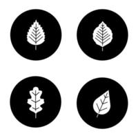 Leaves glyph icons set. Poplar, birch, oak leaves. Vector white silhouettes illustrations in black circles