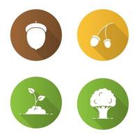 Forestry flat design long shadow glyph icons set. Oak tree and fruit, growing sprout. Vector silhouette illustration