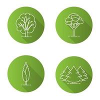 Trees flat linear long shadow icons set. Fir forest, birch, maple trees. Vector outline illustration