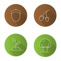 Forestry flat linear long shadow icons set. Oak tree and fruit, growing sprout. Vector outline illustration