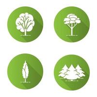 Conjunto de iconos de glifo de larga sombra de diseño plano de árboles. bosque de abetos, abedules, arces. ilustración de silueta de vector