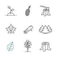 Forestry linear icons set. Pine cone and tree, growing sprout, deforestation, stumps, fir forest, maple leaf, firewood. Thin line contour symbols. Isolated vector outline illustrations
