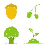 Forestry glyph color icon set. Oak tree and fruit, growing sprout. Silhouette symbols on white backgrounds. Negative space. Vector illustrations