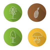 Trees flat linear long shadow icons set. Pine cone and tree, birch, mushroom. Vector outline illustration