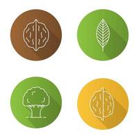 Forestry flat linear long shadow icons set. Walnut leaf, oak tree, nuts. Vector outline illustration