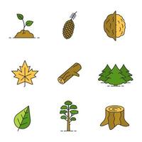 Forestry color icons set. Growing sprout, pine cone and tree, opened walnut, maple leaf, firewood, fir forest, stump. Isolated vector illustrations