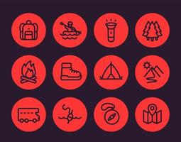 Camping, hiking, outdoor adventure icons set in linear style vector