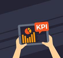 kpi y analítica empresarial, indicadores clave de rendimiento, tableta en la mano vector