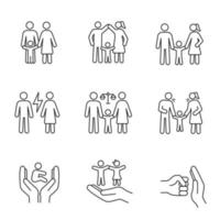 Child custody linear icons set. Thin line contour symbols. Childcare. Family court, quarrel, parents scolding child, children protection, rights. Isolated vector outline illustrations. Editable stroke