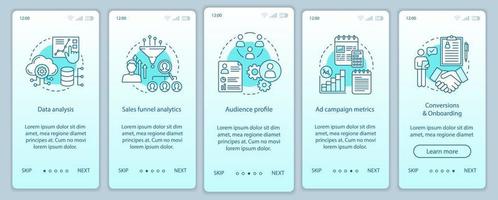 SMM courses onboarding mobile app page screen vector template. Marketing walkthrough website steps with linear illustrations. Ad targeting options. UX, UI, GUI smartphone interface concept