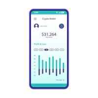 Cryptocurrency trading app smartphone interface vector template. Crypto market, exchange platform. Mobile application page design layout. Transactions and wallet balance screen. Flat UI. Phone display