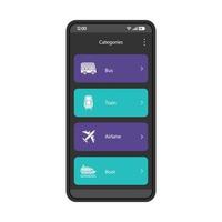 Online booking ticket app interface vector template. Mobile application page design layout. Public transport mapping and schedule. Tourism. Transit app screen. Buying tickets. Flat UI. Phone display