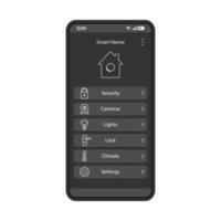 Smart home app interface vector template. Mobile app interface black design layout. Home automation system. Domotics. Flat UI. Phone display with smart house applications and technologies list