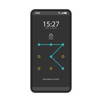 Lock screen smartphone interface vector template. Pattern password. Mobile lock combination. App page black design layout. Passcode. Flat UI for application. Unlock phone display