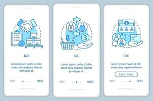 transacciones comerciales incorporación de plantilla de vector de pantalla de página de aplicación móvil. b2b, b2c, c2c: pasos del sitio web del tutorial. tipos de mercado. modelos de negocio. concepto de interfaz de teléfono inteligente ux, ui, gui