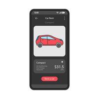 Car rent app interface vector template. Mobile app interface black design layout. Smartphone car rental service. Carpooling. Flat UI. Phone display with compact automobile price