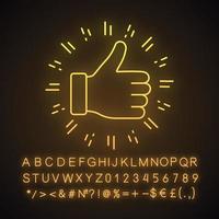 Thumbs up neon light icon. Social media like. Good, cool, ok hand gesture. Rating, ranking. Accept button. Glowing sign with alphabet, numbers and symbols. Vector isolated illustration