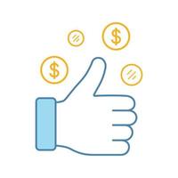 Financial success color icon. Thumbs up with dollars. Good luck. Business deal. Isolated vector illustration