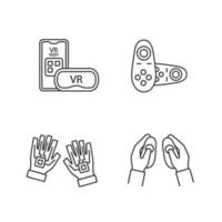 Virtual reality devices linear icons set. Thin line contour symbols. Smartphone VR headset, wireless controllers, haptic gloves. Isolated vector outline illustrations. Editable stroke