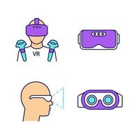Virtual reality color icons set. VR player with mask, wireless controllers, headset inside view, 3D glasses. Isolated vector illustrations