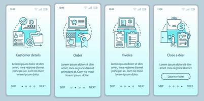 Making sale onboarding mobile app page screen vector template. Place an order walkthrough website steps. Customer relationships. Online shopping. E-commerce. UX, UI, GUI smartphone interface concept